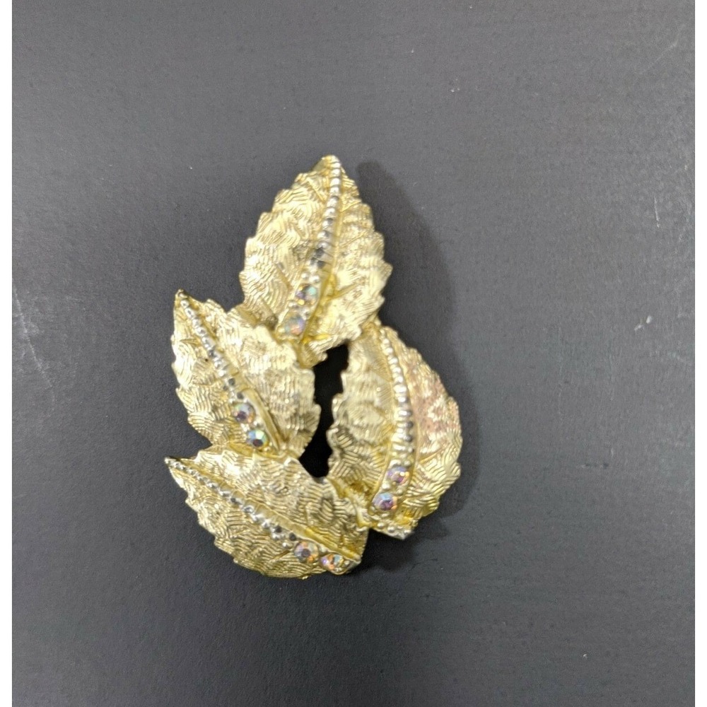 Vintage Gold Tone Leaf Brooch Aurora Borealis Rhinestone Textured Foliage Pin